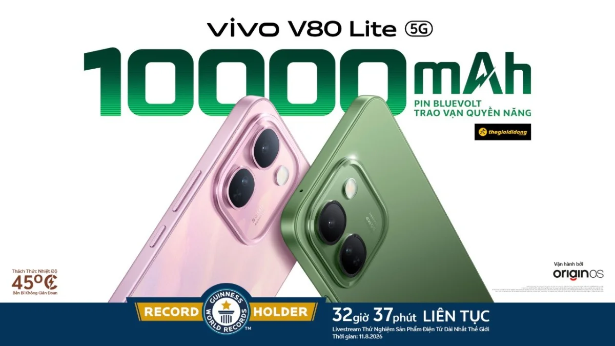 vivo V80 Lite 5G thiết lập KỶ LỤC GUINNESS THẾ GIỚI™ với 32 giờ 37 phút sử dụng liên tục on-screen nhờ trang bị Pin BlueVolt 10.000mAh.